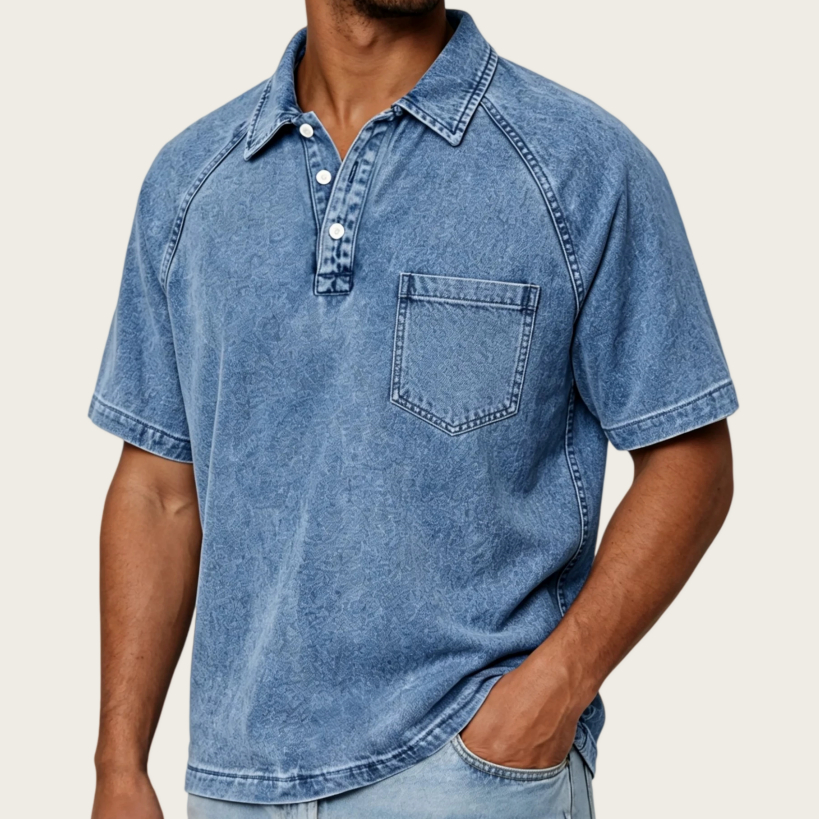 Mens Washed-and-Aged Cotton Denim Polo Shirt With Lapel, American-Style Blouse For Men