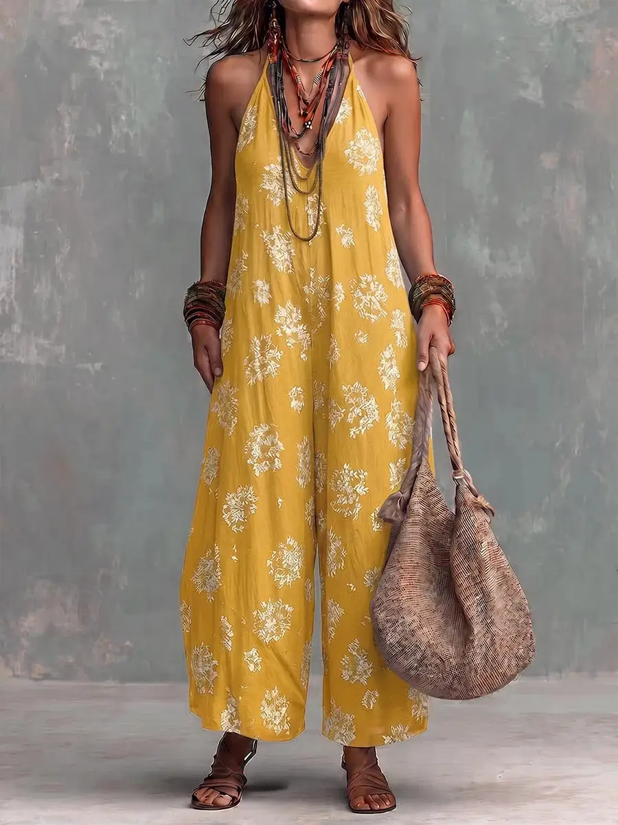 V-neck Sleeveless Printed Womens Jumpsuit