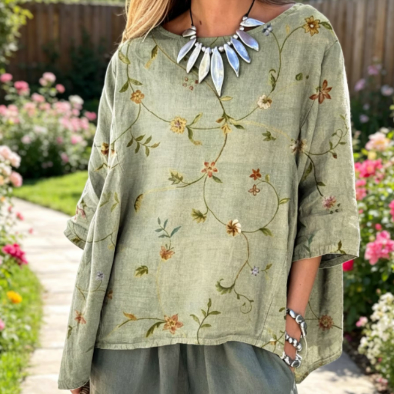 Comfortable Green Floral Print Loose Fit Tunic Shirt