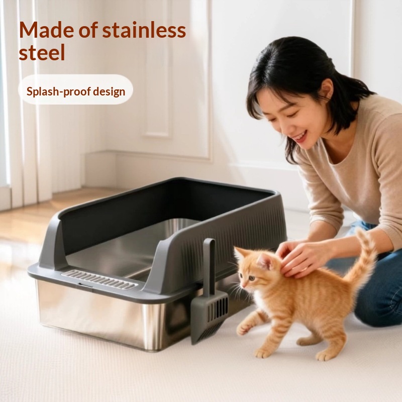 Stainless Steel Cat Litter Box Open-Top High Sides Large Size
