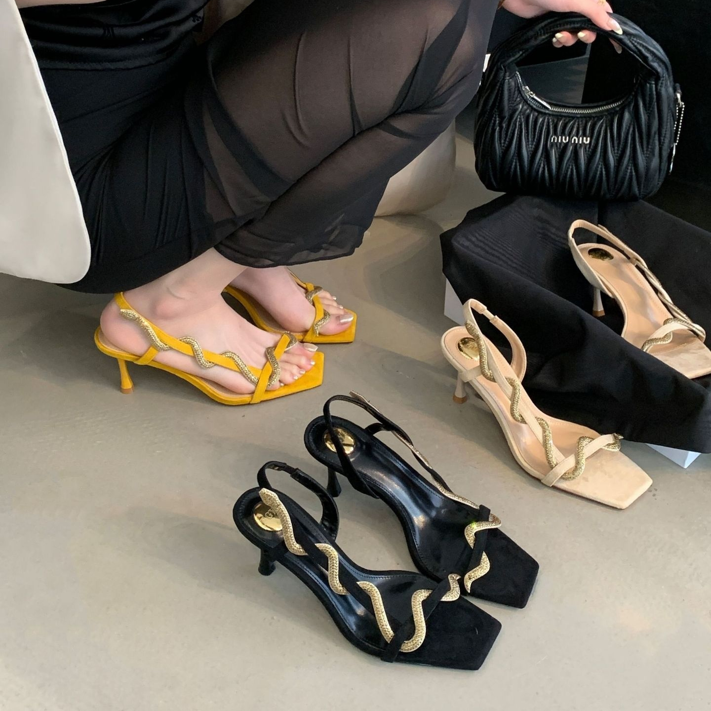 Elegant Rhinestone Snake-pattern Open-toe Stiletto Heels