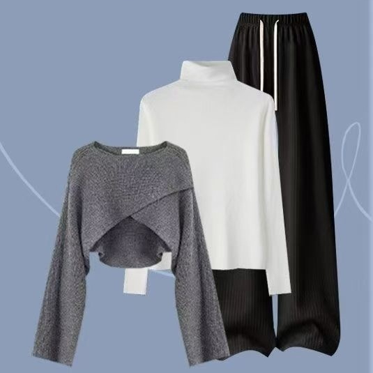 Knitted Sweater With A Base Layer And Casual Wide-leg Pantsthree-piece Set