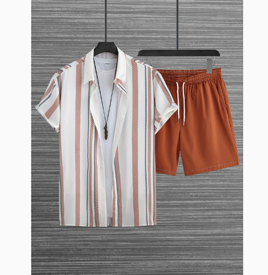Black And White Striped Hawaiian Men's Shirt Set — foto 3
