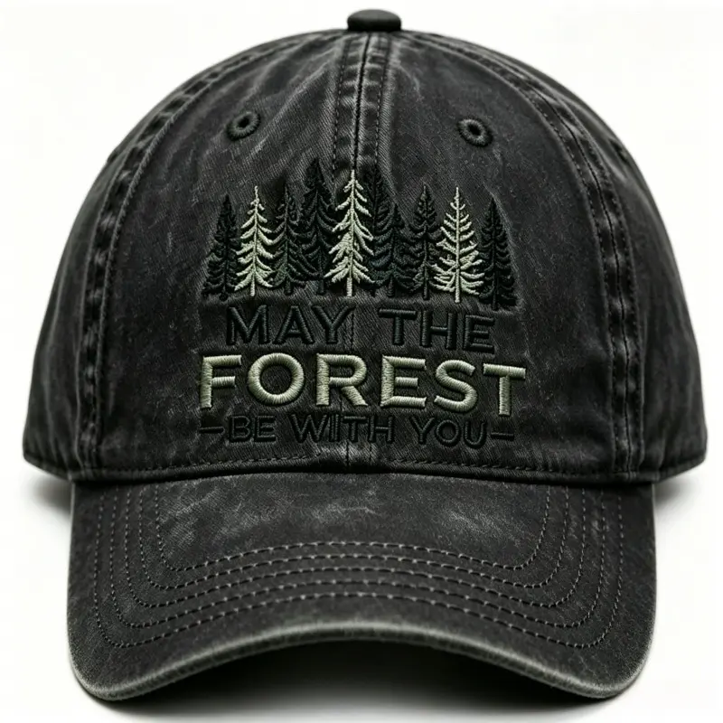 Water-washed, Distressed Forest-themed Embroidered Outdoor Casual Baseball Cap