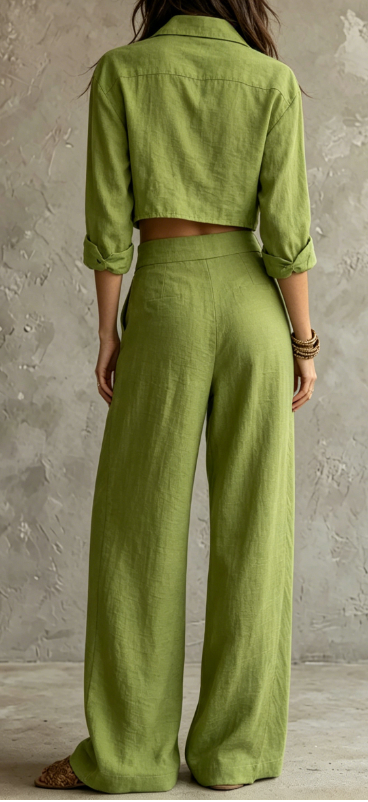 Green Short-sleeved Shirt And Wide-leg Pants Set