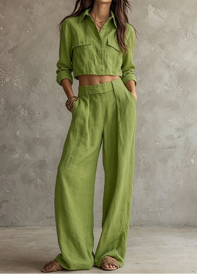 Green Short-sleeved Shirt And Wide-leg Pants Set