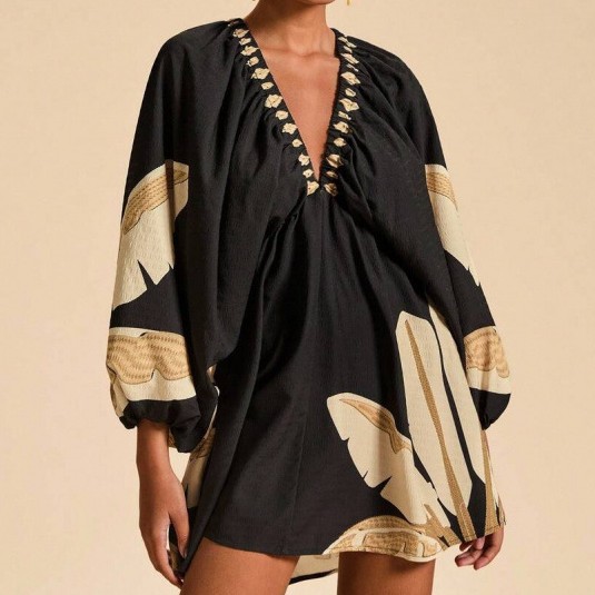 Womens Short Printed Long-Sleeve V-Neck Dress