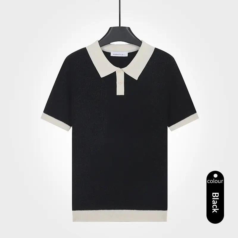Mens Solid-Color Knitted Short-Sleeve Polo Shirt