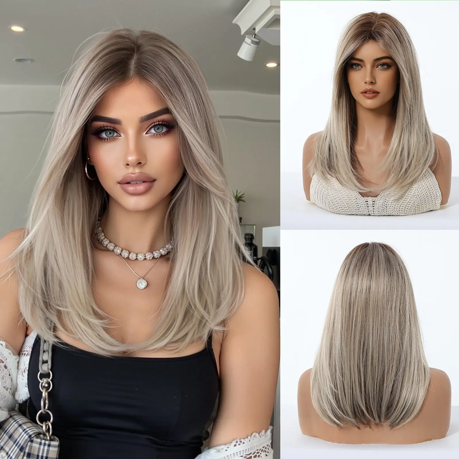 Gradient Gold Wig Womens Full Headpiece Medium Length