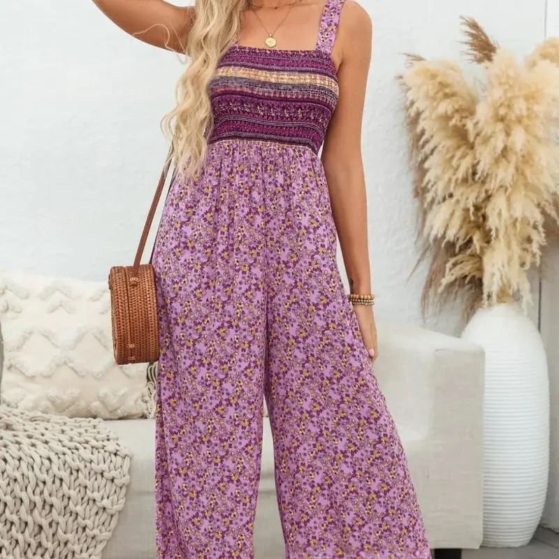Women's Sleeveless Floral Print Jumpsuit with Pleated Bodice