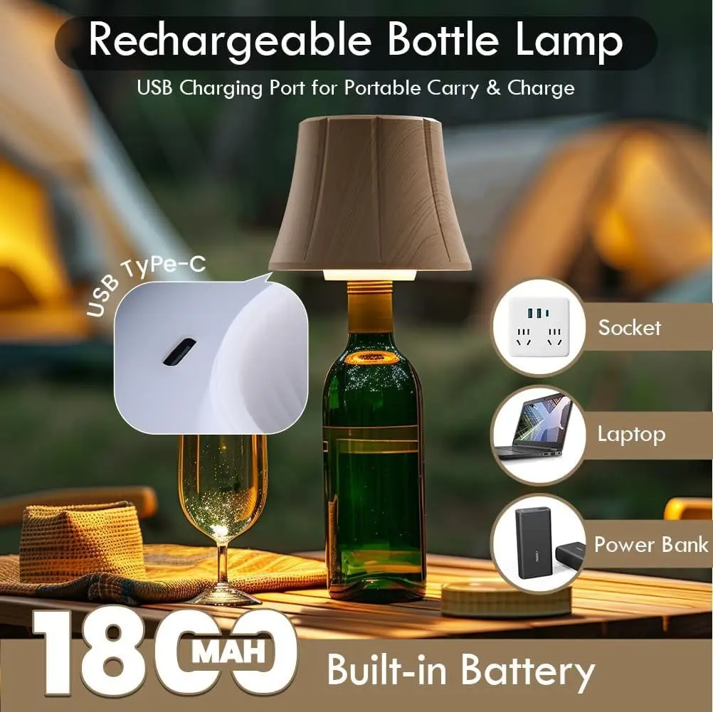 Wine Bottle Decorative Lamp With Dimming Faux Wood Grain Wide Mouth Bottle Cap Rechargeable