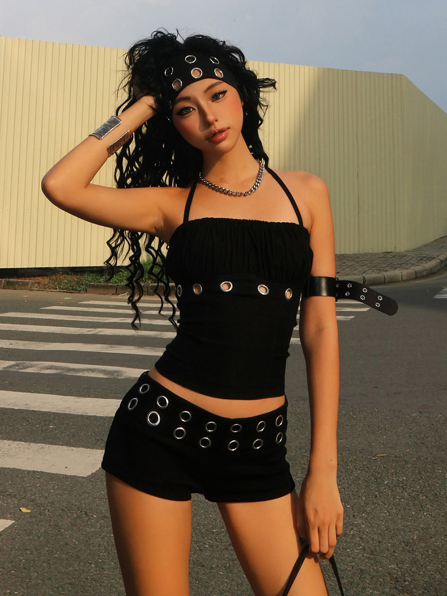 Womens Cutout Halter-Neck Tank Top & Slim-Fit Shorts