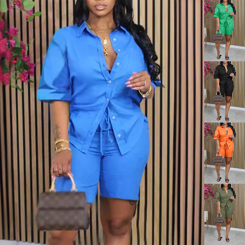 Summer Short-sleeved Shorts Suits Lapel Shirts And Drawstring Pants