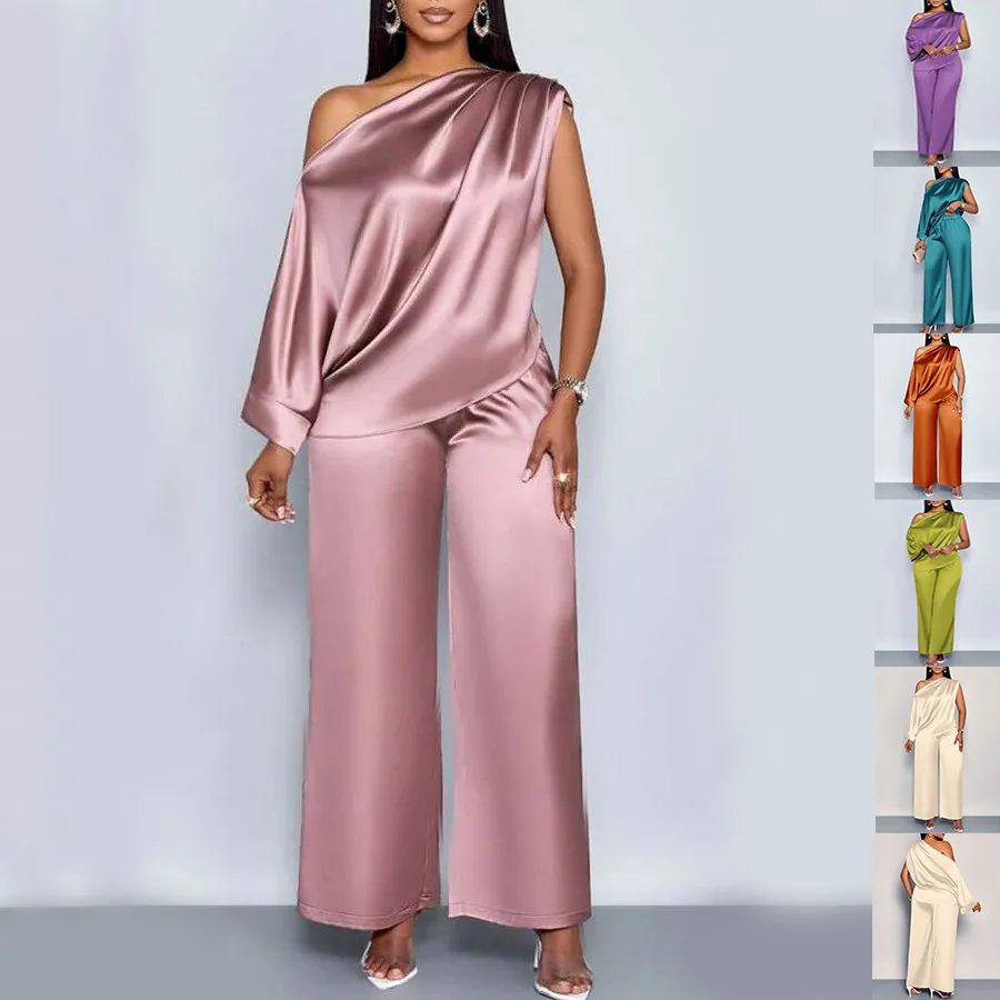 Long-sleeved Suit Off-shoulder Pullover Shirt Top And Loose Straight-leg Trousers Women's Clothing