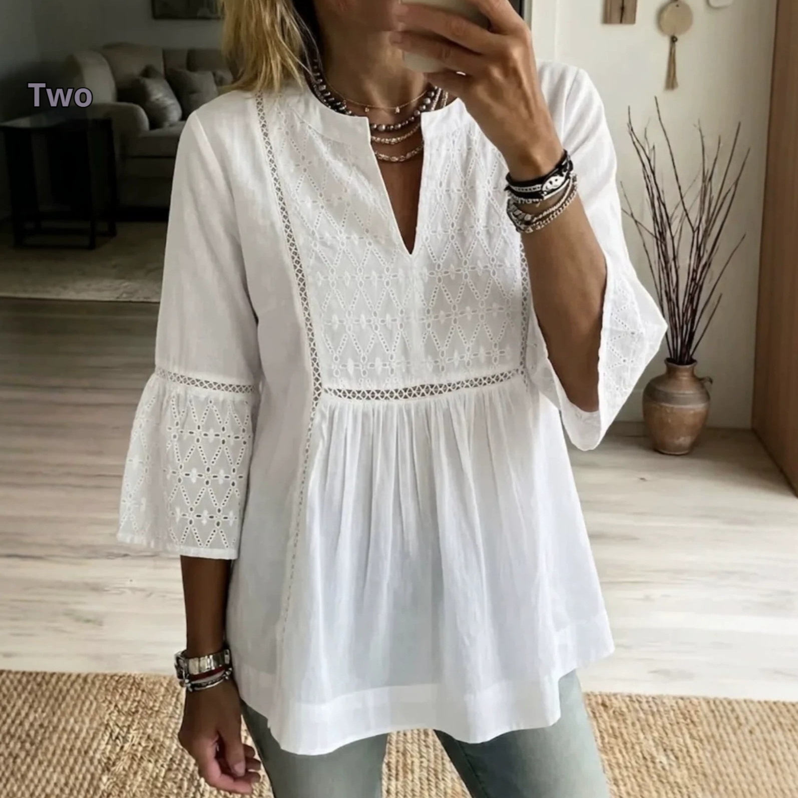 New V-neck Slit-panel Embroidered Three-quarter-sleeve Blouse — image 1