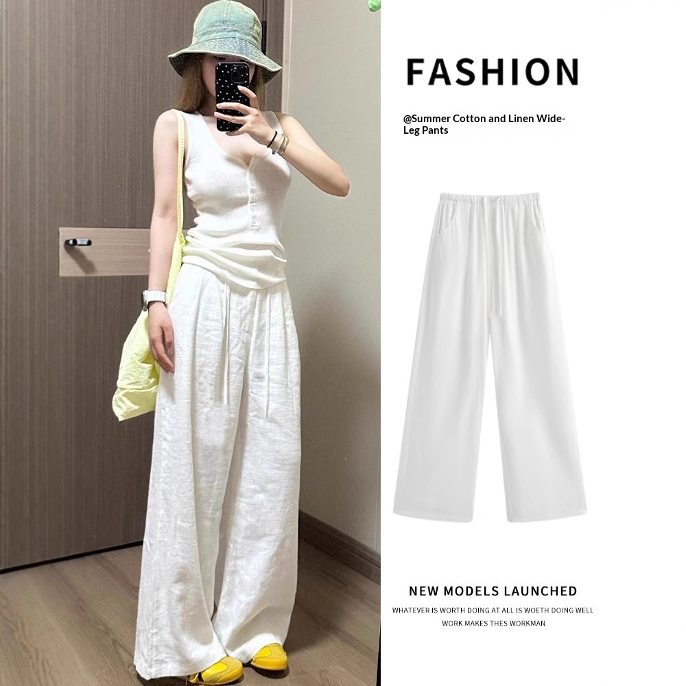 White Cotton-linen Wide-leg Viscose Floor-length Pants