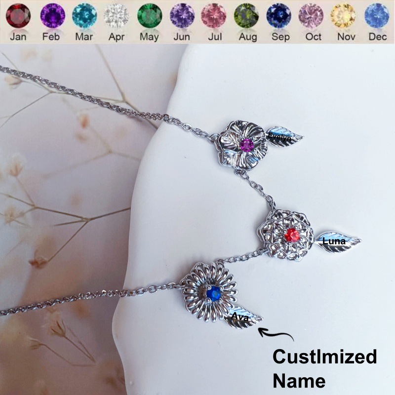 New 12 Birthday Flower Birthstone Name Rotating Necklace