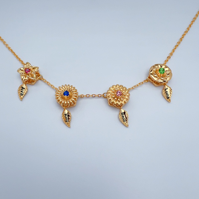 New 12 Birthday Flower Birthstone Name Rotating Necklace