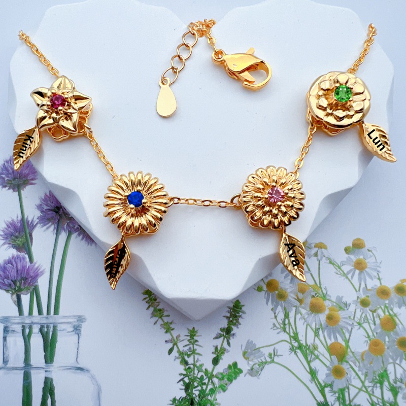 New 12 Birthday Flower Birthstone Name Rotating Necklace