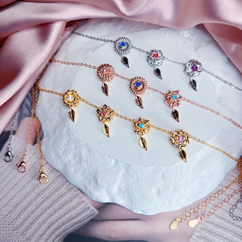 New 12 Birthday Flower Birthstone Name Rotating Necklace