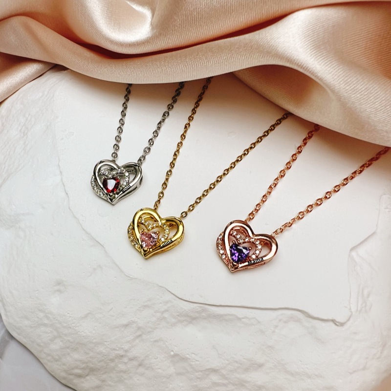 New Heart-shaped Diamond Inlaid Birthstone Pendant Necklace