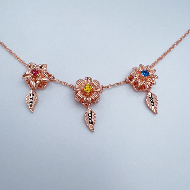 New 12 Birthday Flower Birthstone Name Rotating Necklace