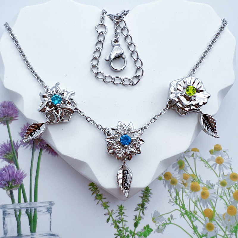 New 12 Birthday Flower Birthstone Name Rotating Necklace