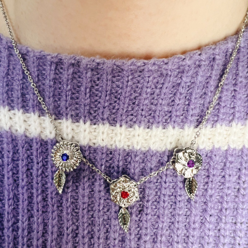New 12 Birthday Flower Birthstone Name Rotating Necklace