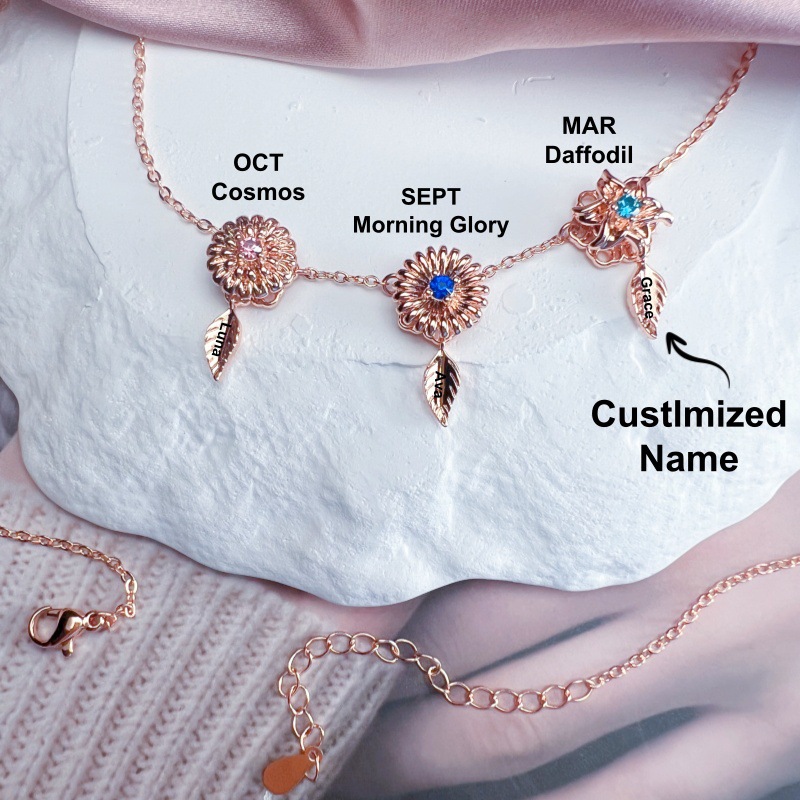 New 12 Birthday Flower Birthstone Name Rotating Necklace
