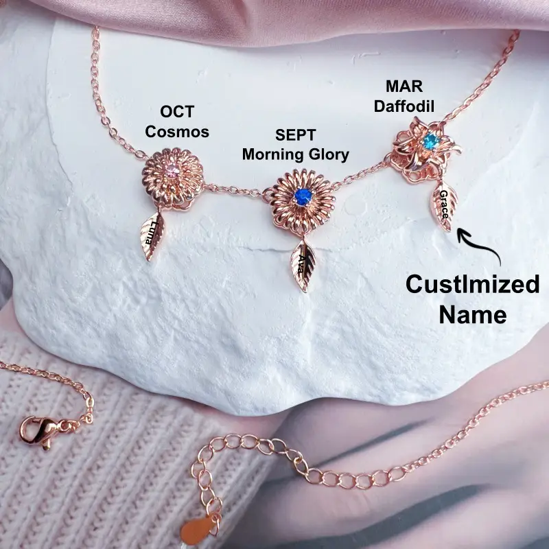 New 12 Birthday Flower Birthstone Name Rotating Necklace