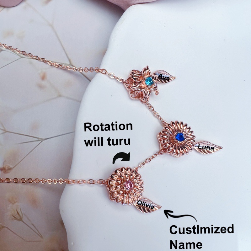 New 12 Birthday Flower Birthstone Name Rotating Necklace
