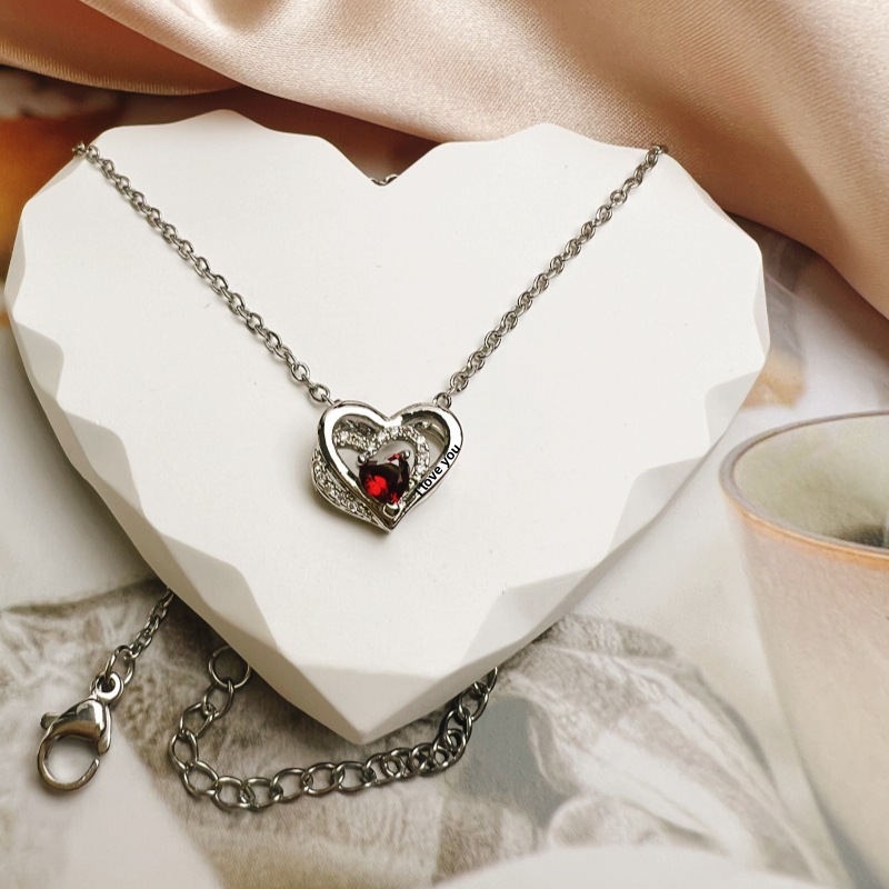 Heart-Shaped Diamond Inlaid Birthstone Pendant Necklace