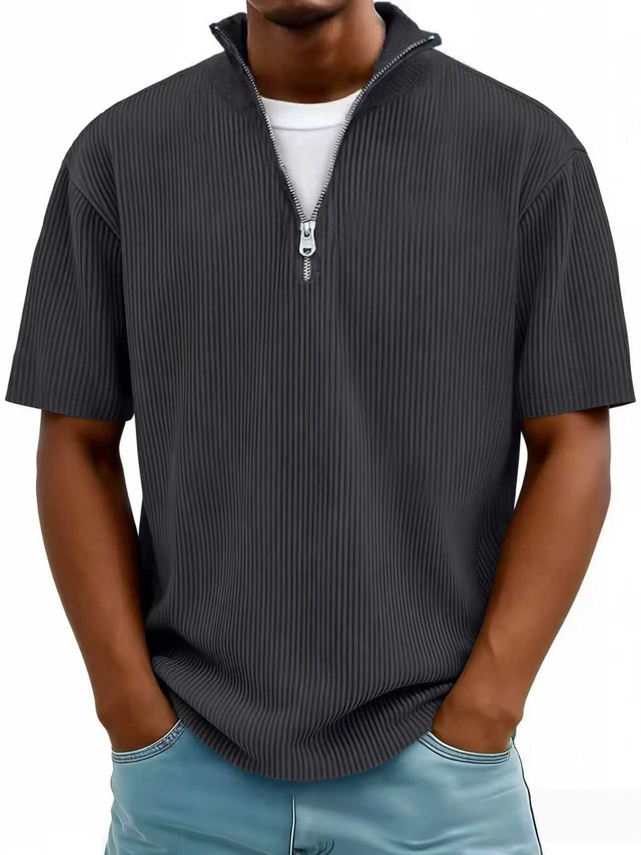 New Summer Men's Casual Stand-up Collar Corduroy Short-sleeved Shirt With Zipper