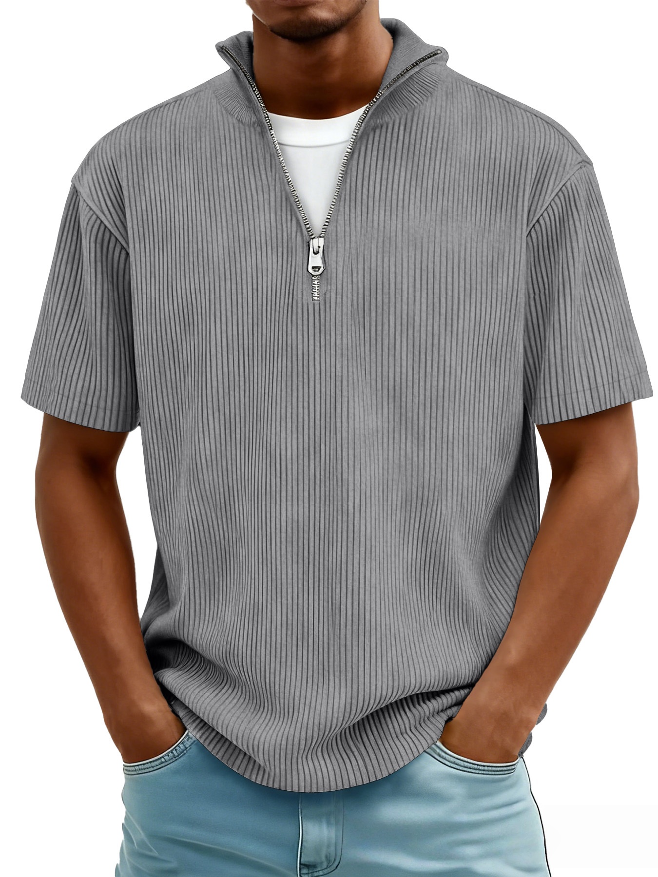 New Summer Men's Casual Stand-up Collar Corduroy Short-sleeved Shirt With Zipper