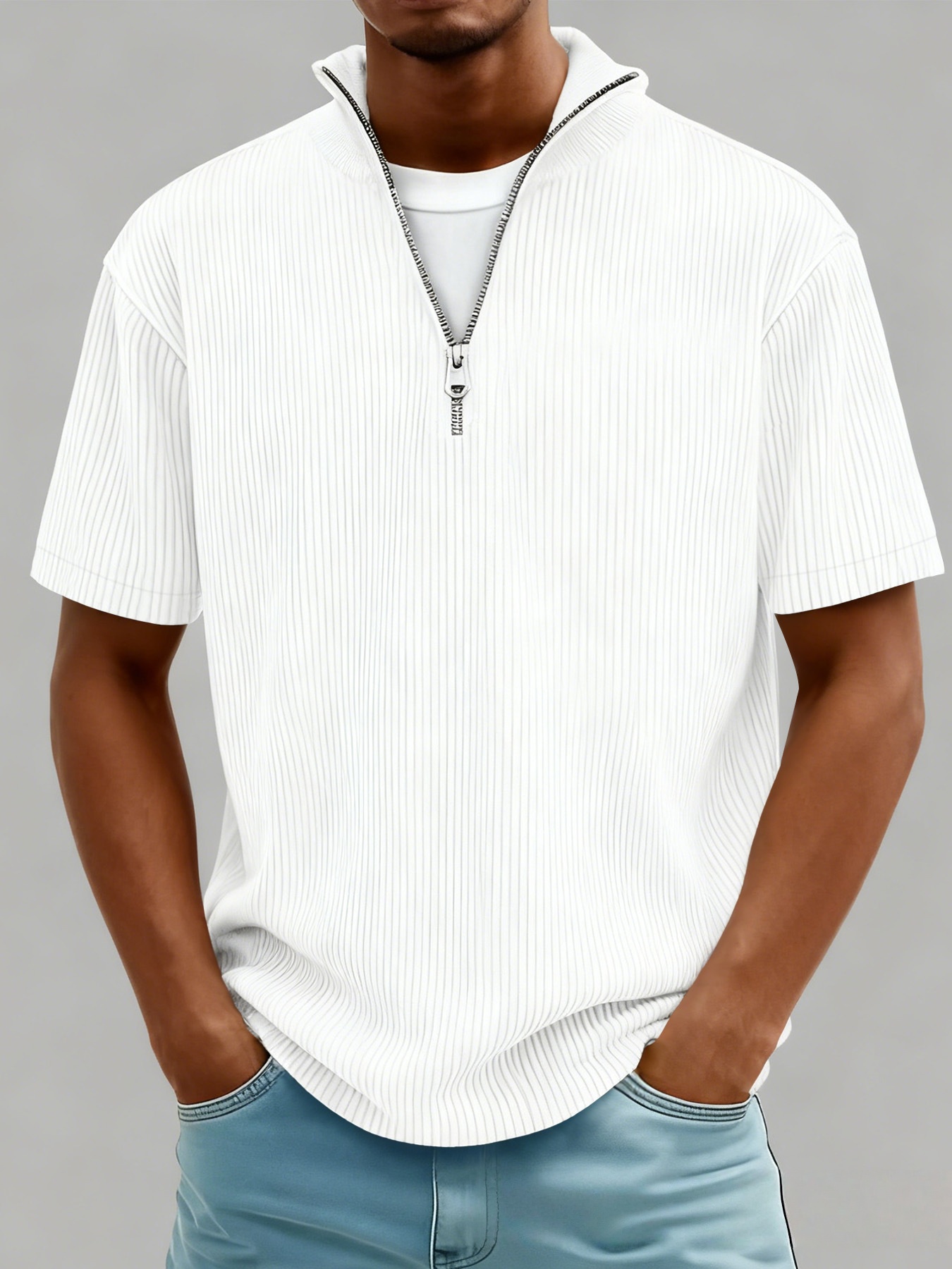 New Summer Men's Casual Stand-up Collar Corduroy Short-sleeved Shirt With Zipper