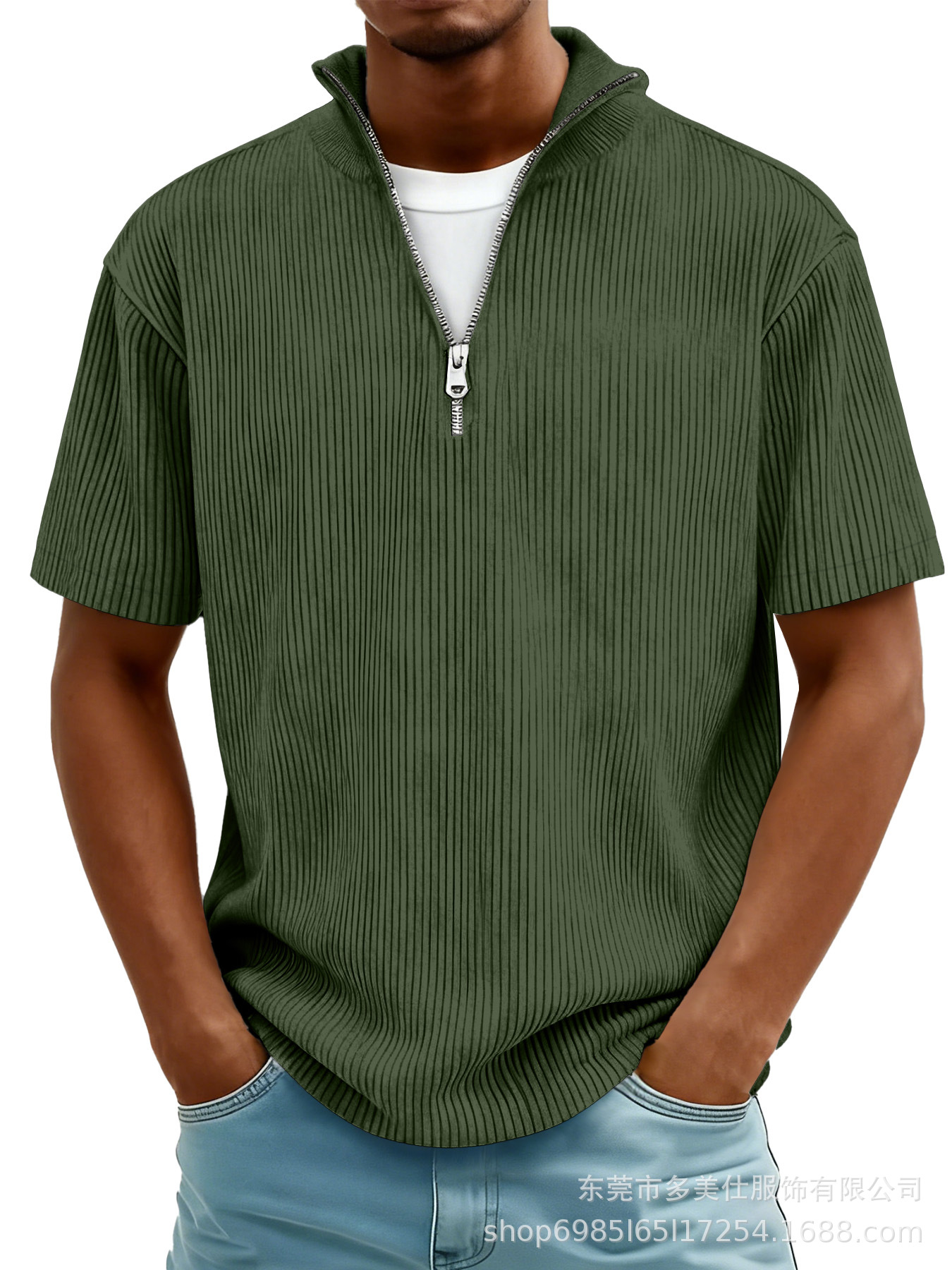 New Summer Men's Casual Stand-up Collar Corduroy Short-sleeved Shirt With Zipper