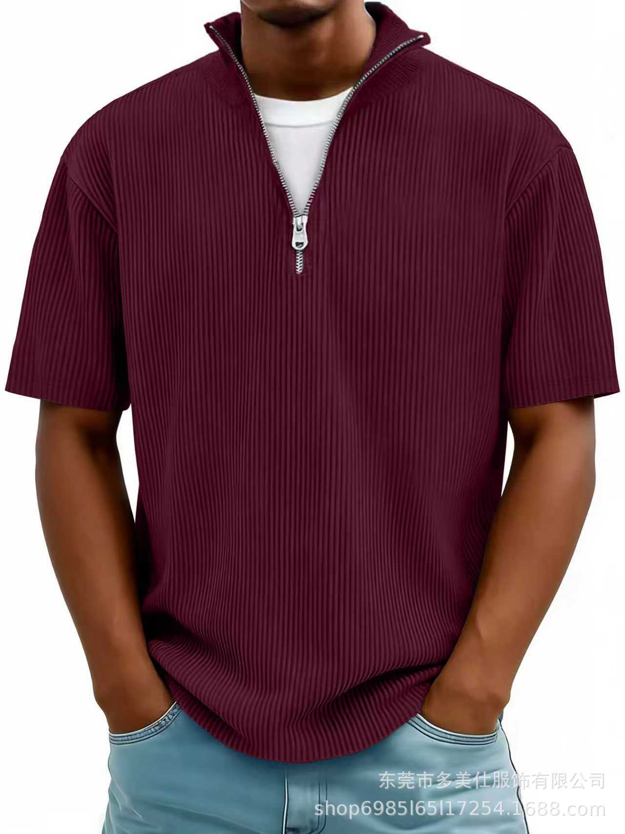 New Summer Men's Casual Stand-up Collar Corduroy Short-sleeved Shirt With Zipper