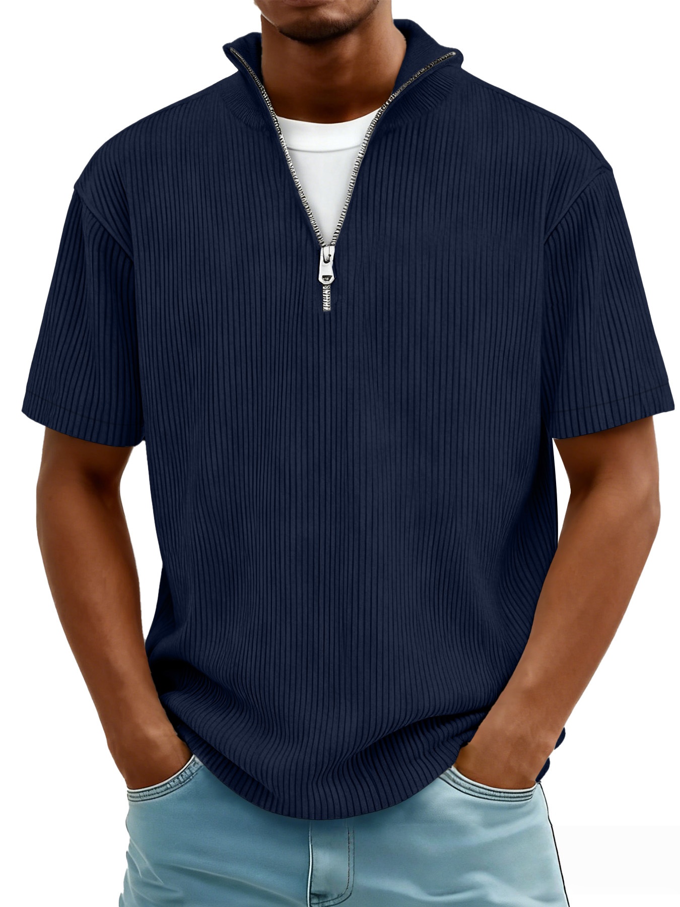 New Summer Men's Casual Stand-up Collar Corduroy Short-sleeved Shirt With Zipper