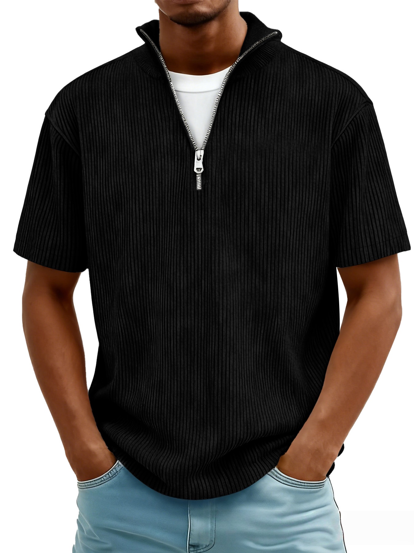 New Summer Men's Casual Stand-up Collar Corduroy Short-sleeved Shirt With Zipper