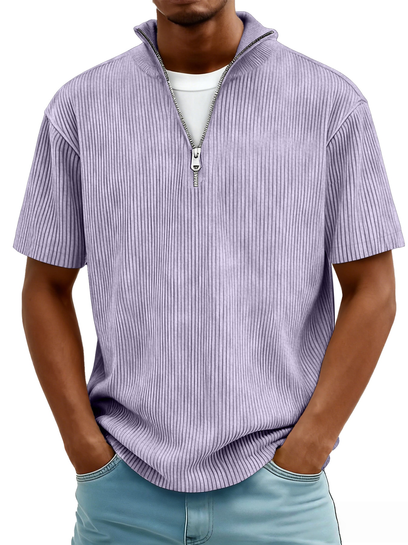 New Summer Men's Casual Stand-up Collar Corduroy Short-sleeved Shirt With Zipper