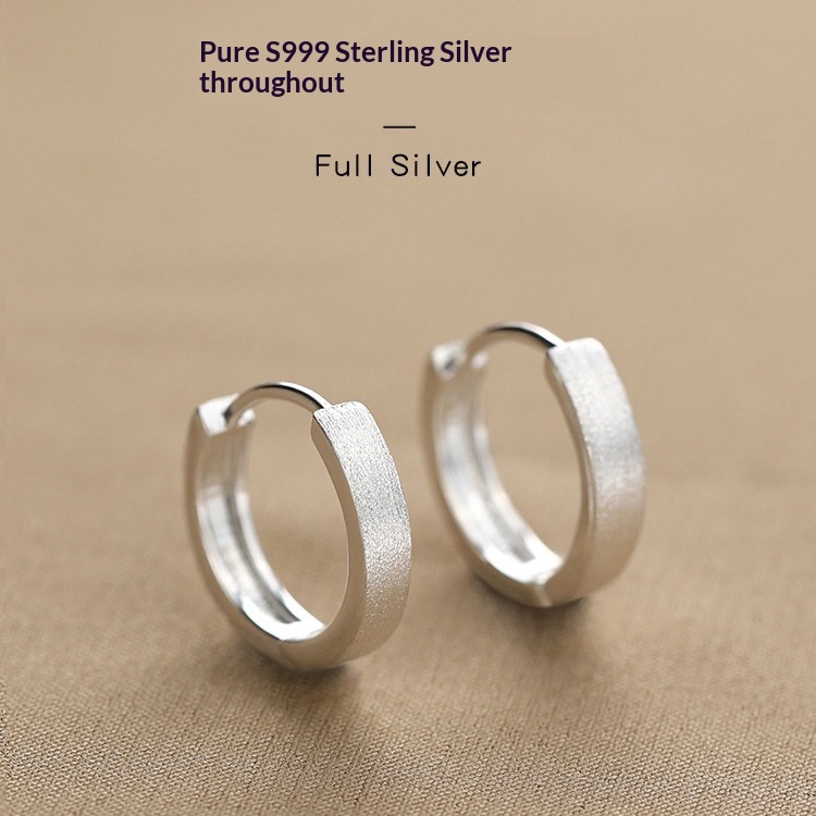 S999 Sterling Silver Plain Hoop Brushed-finish Earrings For Women