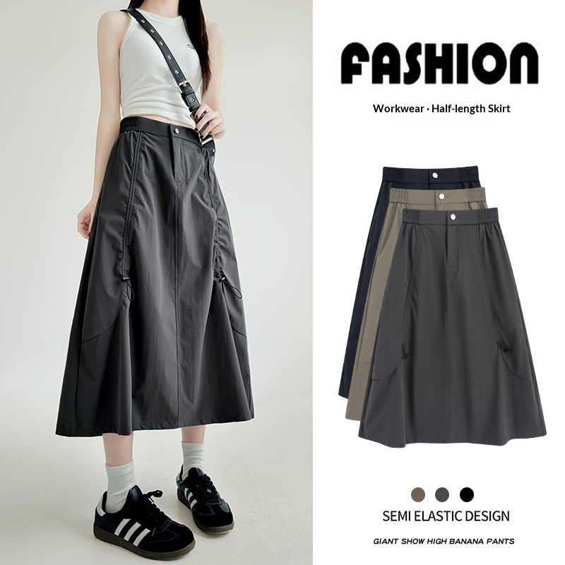 Gray American-style Drawstring Utility Skirt For Women Summer Season