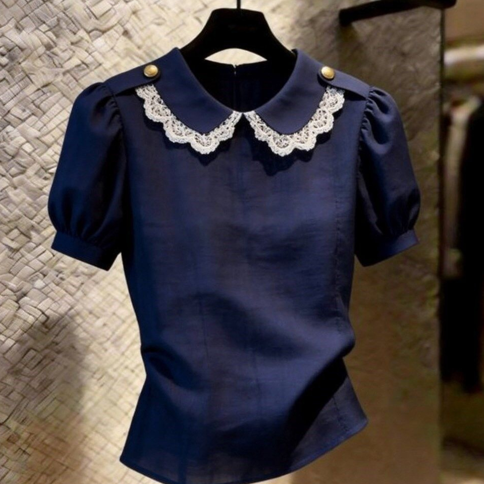 French-style Lace Doll-collar Top With Bubble Sleeves