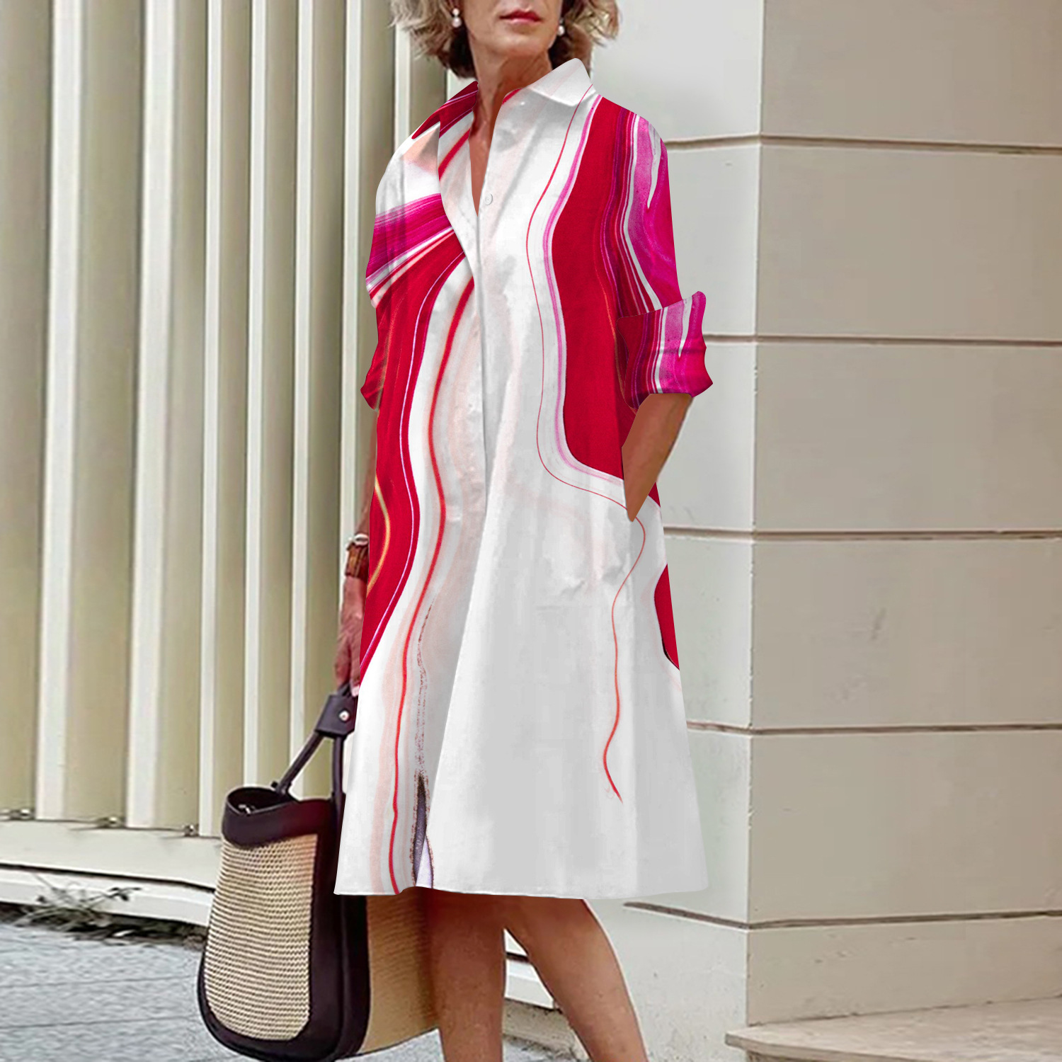 Abstract Pattern 3D Digital Print Long Sleeve Dress