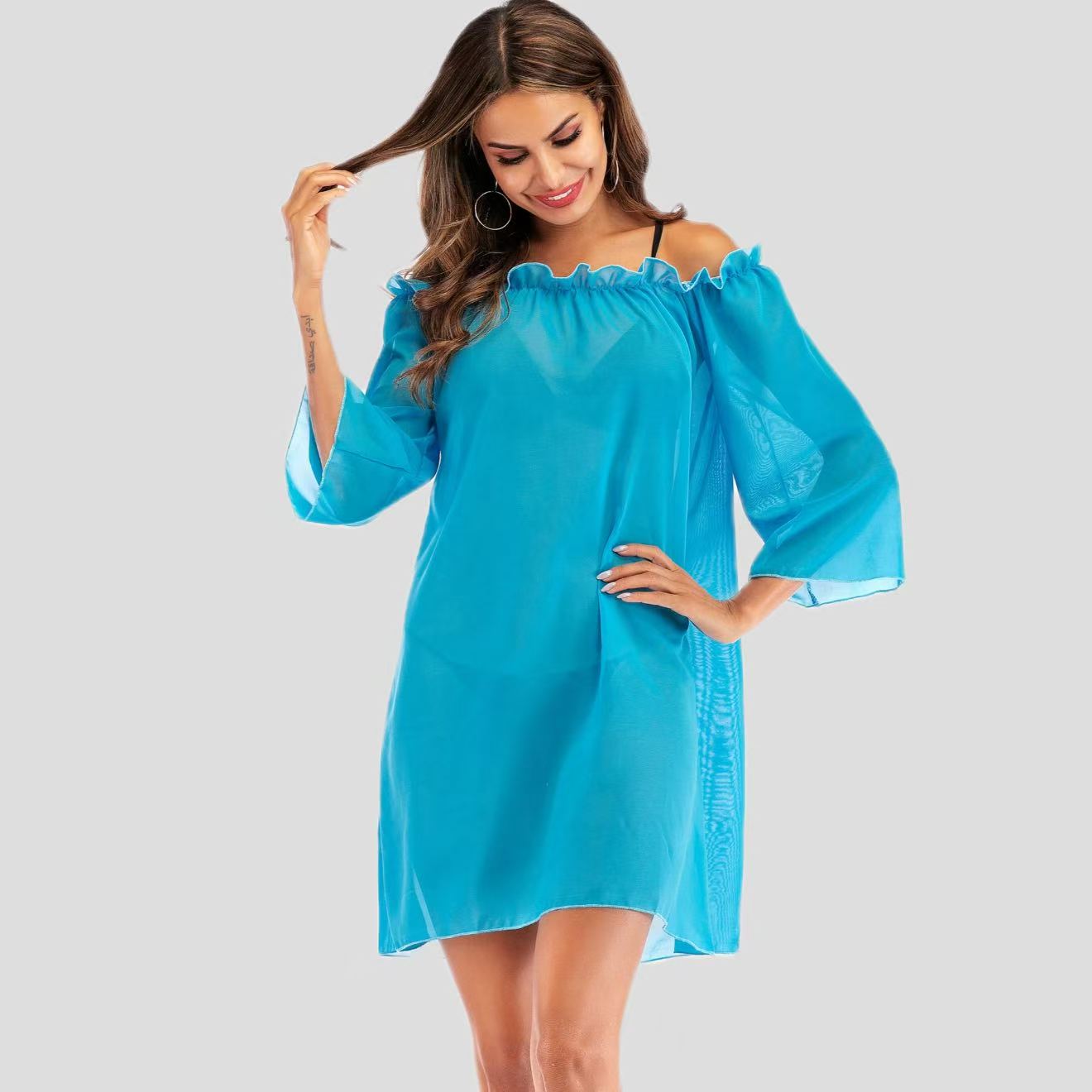 Womens Loose-Fitting Sun-Protective Ruffle Blouse