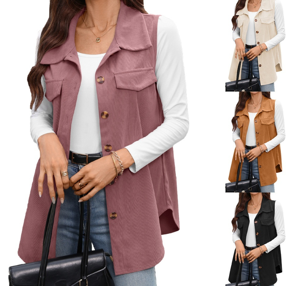 Solid-color Buttoned Corduroy Vest Jacket For Women