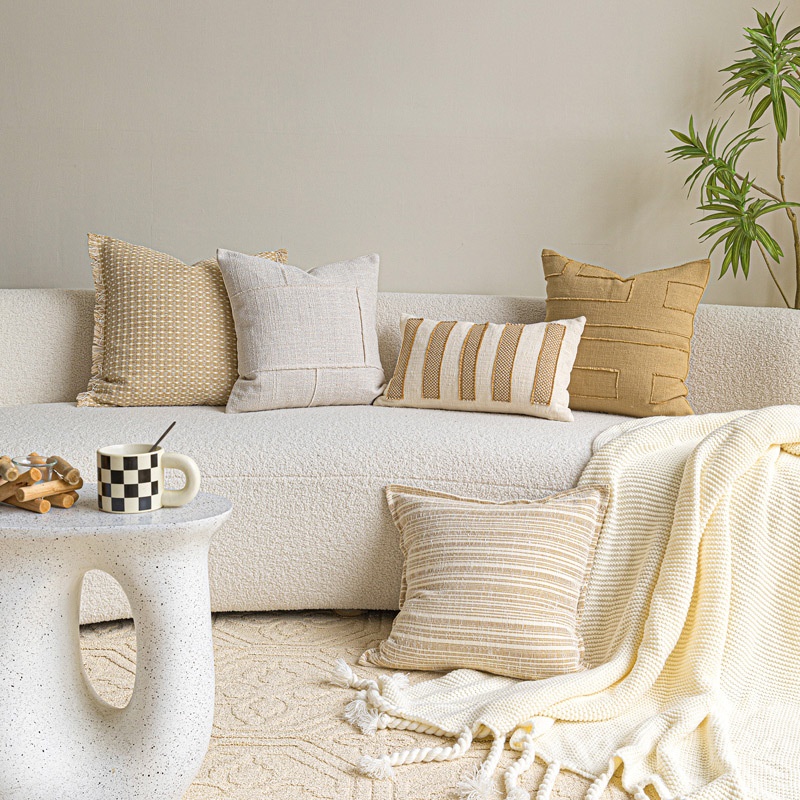 Natural-style Cotton-linen Light-luxury Throw Waist Cushion In Beige And Yellow
