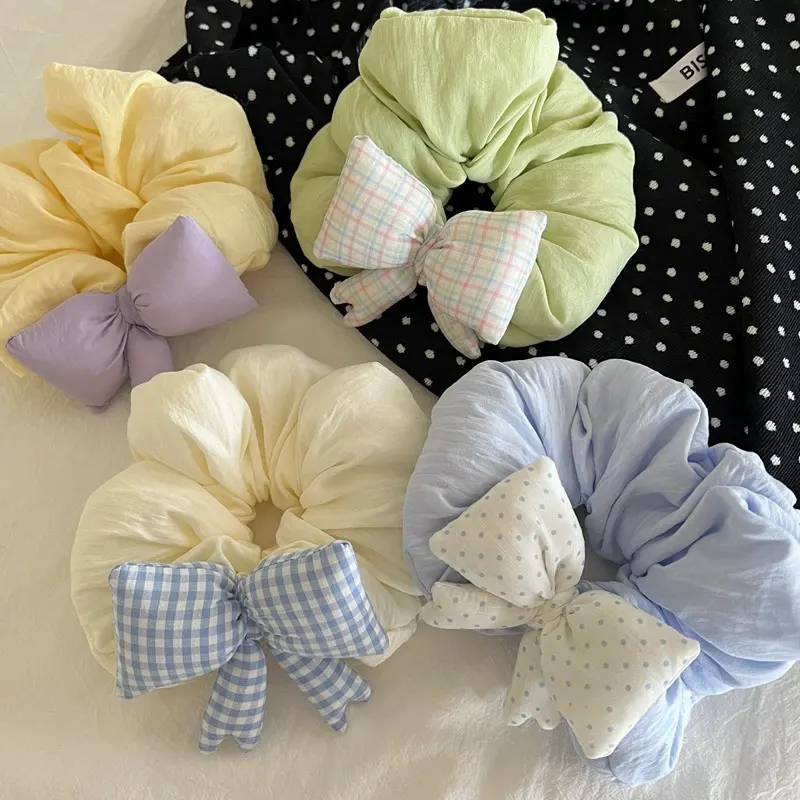 Cream-colored Polka-dot Plaid Bow Hair Tie Puffy