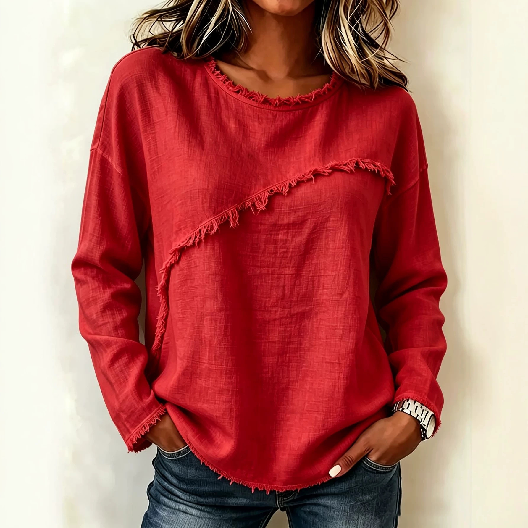 Round-Neck Patchwork Lace Long-Sleeve Top