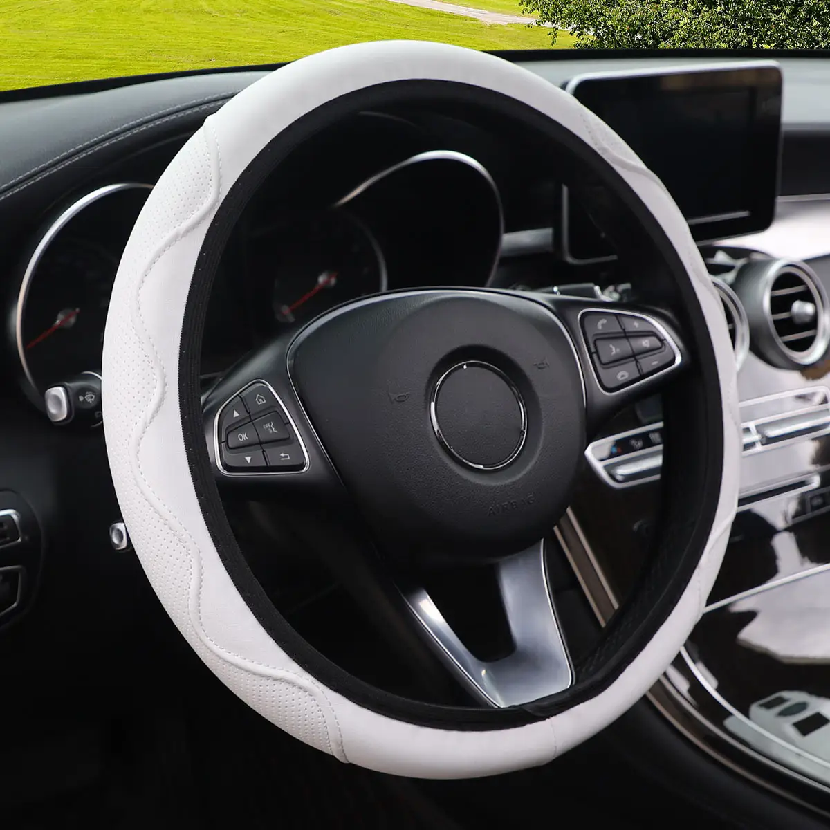 Fiber Leather Embossed Corrugated Elastic Stretch Steering Wheel Cover